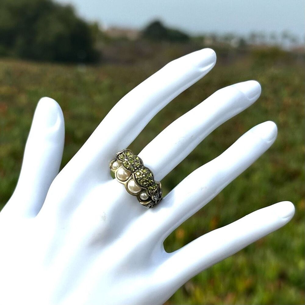 Heidi Daus Pearl & Green Crystal Band Ring